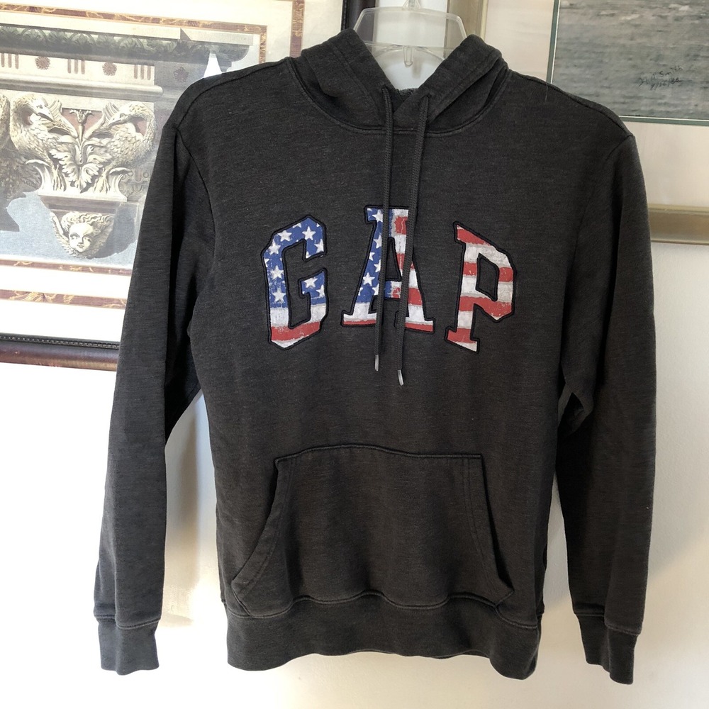 Gap Gray USA Flag Patriotic Logo Pullover Hoodie Sweatshirt Men's Sz XS A2643